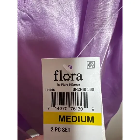 Brand New Flora Women's Size Medium Purple Orchid Satin Sleepwear Set 2 Piece - Picture 7 of 11